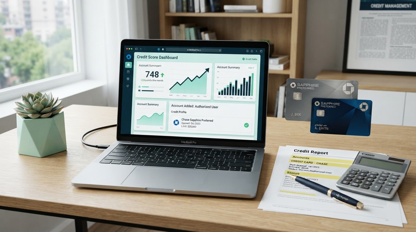 A clean modern desk scene showing authorized user tradeline documents, a credit card statement with an added authorized user account, a credit score chart showing upward growth, credit cards, a calculator, and legal documents on a dark desk with mint green accents, no people