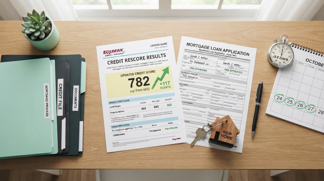 A people-free flat-lay of a mortgage and credit rescore workspace: a credit report with an updated rising score highlighted, a mortgage loan application, a small house-shaped key tag, a stopwatch and calendar page symbolizing a fast 3-5 day update, a pen, and organized folders on a modern desk with mint green accents
