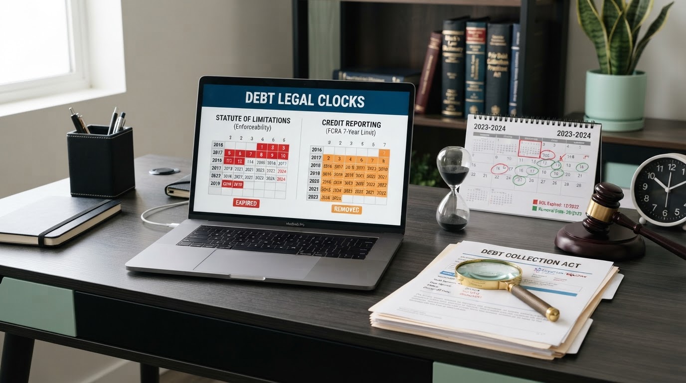 A legal workspace illustrating two different clocks for debt: a laptop displaying a side-by-side comparison of a statute of limitations calendar and a 7-year credit reporting calendar, legal documents, a magnifying glass over a credit report, an hourglass, a gavel, and a clock on a clean modern dark desk with mint green accents, no people