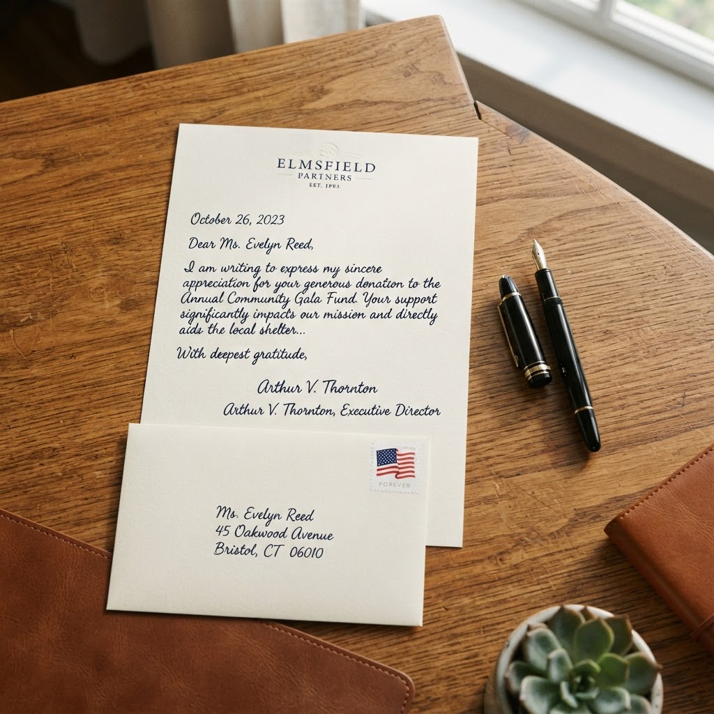 A handwritten goodwill letter on letterhead stationery, an envelope, a stamp, and a pen on a wooden desk, warm professional lighting, professional correspondence photography, no people