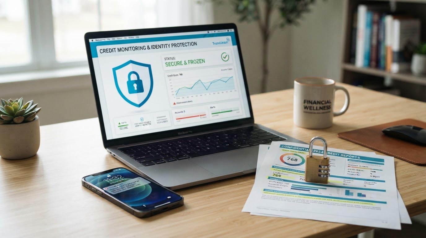 Credit security workspace with a laptop showing a credit bureau security dashboard with a blue padlock icon and shield, a smartphone displaying a fraud alert notification, a metal combination padlock, and printed credit report documents on a clean modern desk