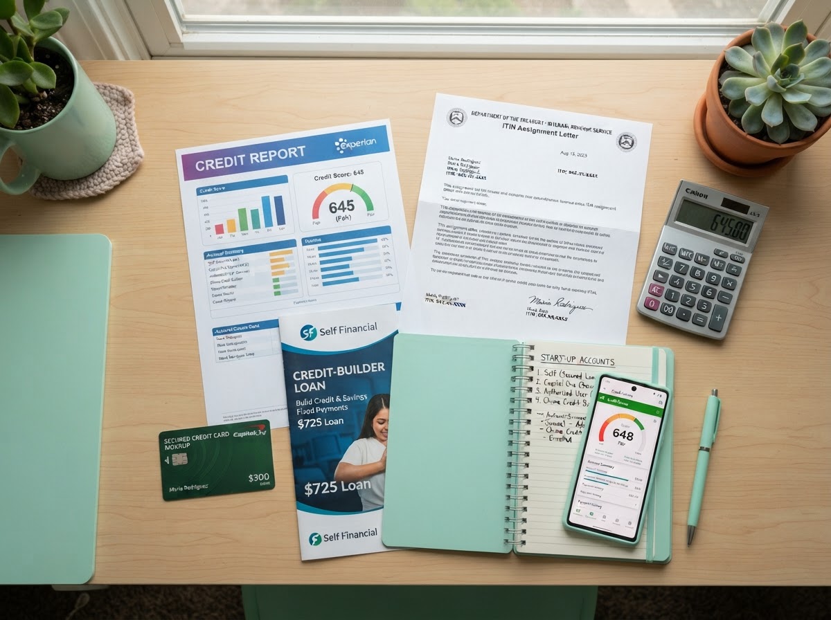 A people-free realistic flat-lay of an immigrant ITIN credit-building workspace: a printed credit report, an ITIN letter document, a secured credit card mockup, a credit-builder loan brochure, a notebook listing starter accounts, a smartphone showing a credit score dashboard, a pen, and a calculator neatly arranged on a modern desk with mint green accents