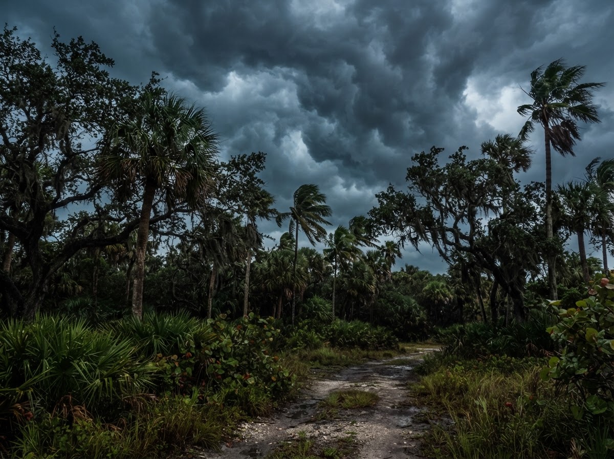 Stormy sky over trees in Miramar during an emergency response
