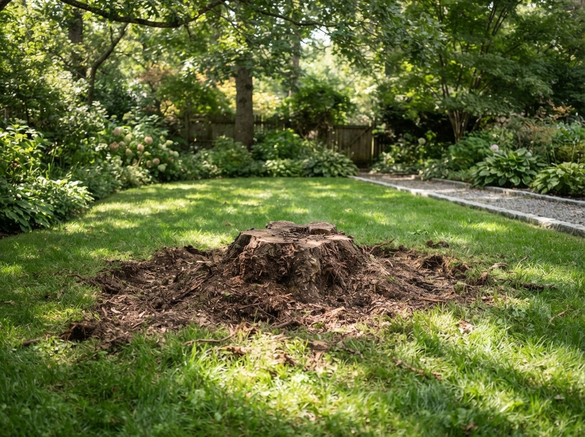A tree stump in a green lawn in Miramar ready for grinding