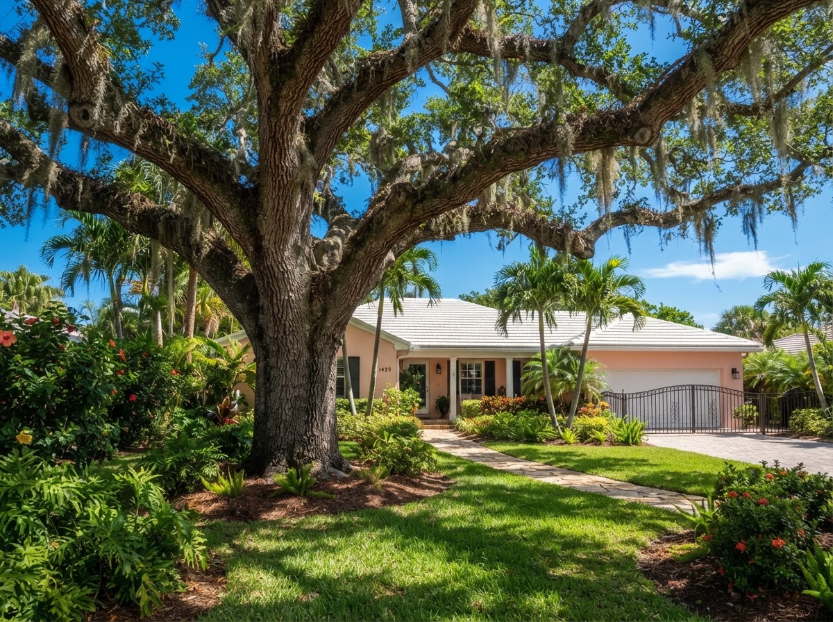 A large mature live oak tree in a Miramar yard