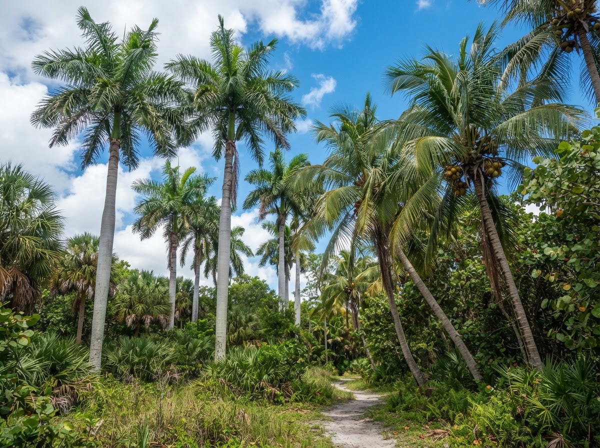 Tall royal and coconut palms against a blue sky in Miramar