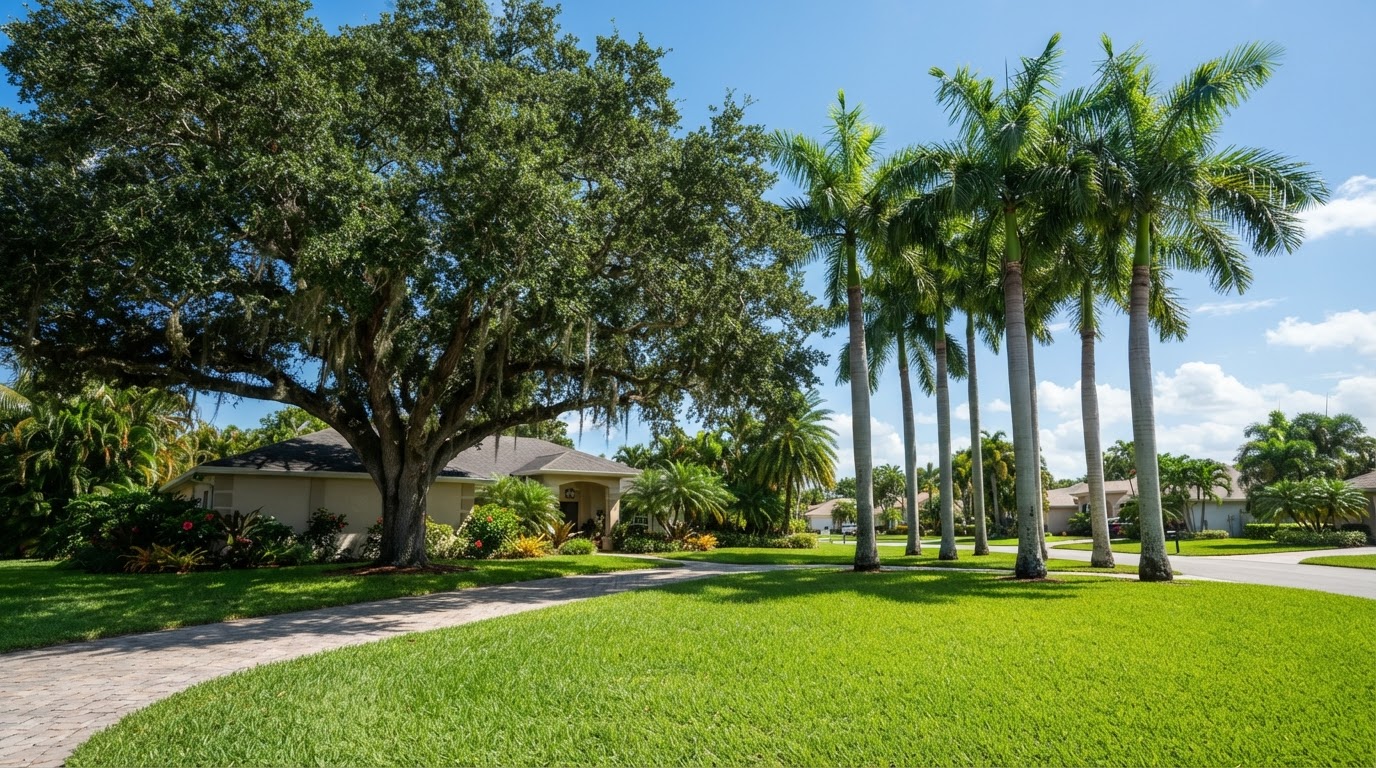 Large live oak tree and royal palms in a sunny Miramar, FL yard