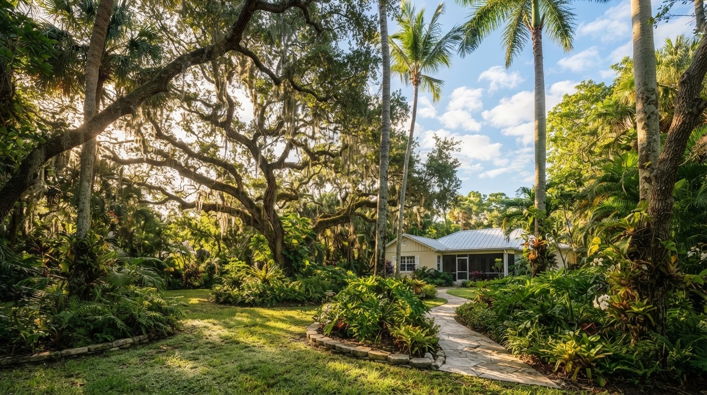 Tall oak and palm trees in a Miramar, FL yard in morning light
