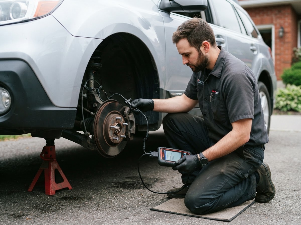 Mobile mechanic at a front wheel on jack stands in a West Warwick driveway, scan tool in hand, ABS wheel speed sensor visible on the hub