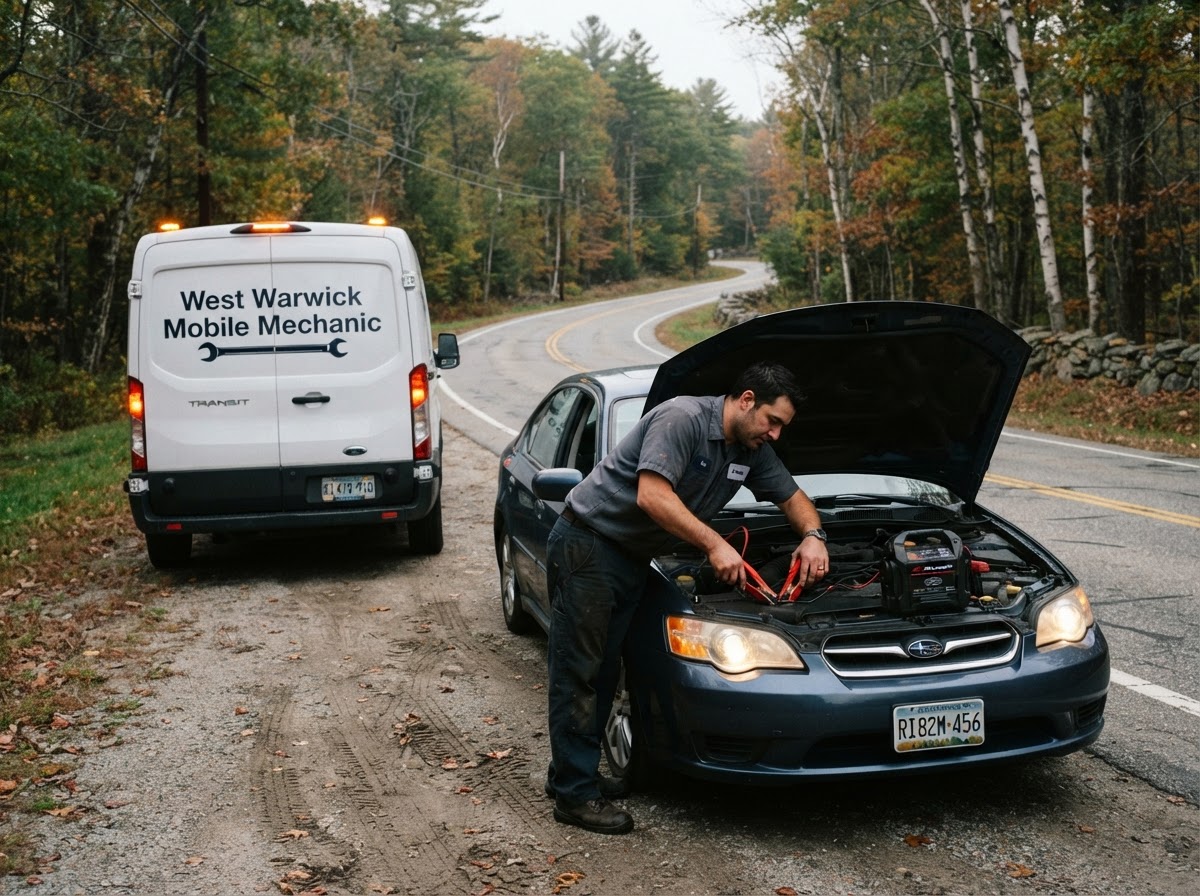 Mobile mechanic's service vehicle parked beside a car on a road shoulder, connecting a portable jump pack to the battery with hazard lights on
