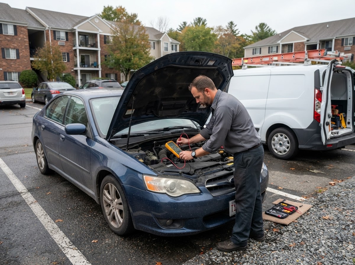Mobile mechanic testing under the hood of a car in a West Warwick parking lot with a multimeter, service van parked nearby