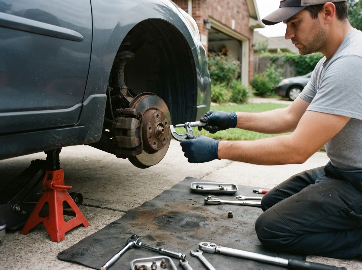 Mechanic measuring brake rotor thickness with a micrometer in a residential driveway, wheel removed and car on jack stands