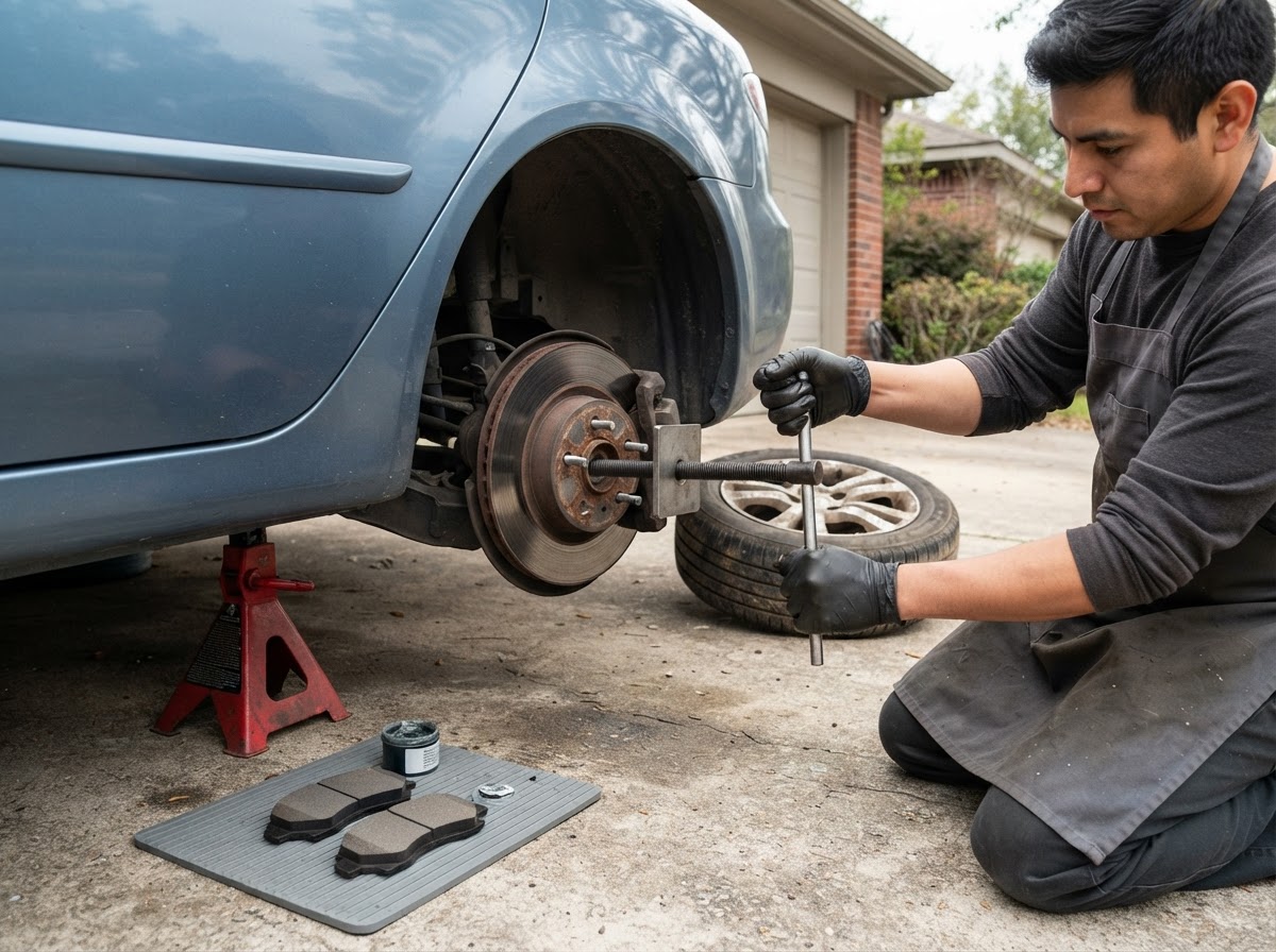 Mechanic compressing a brake caliper piston with a specialized tool, new brake pads on a mat beside the wheel