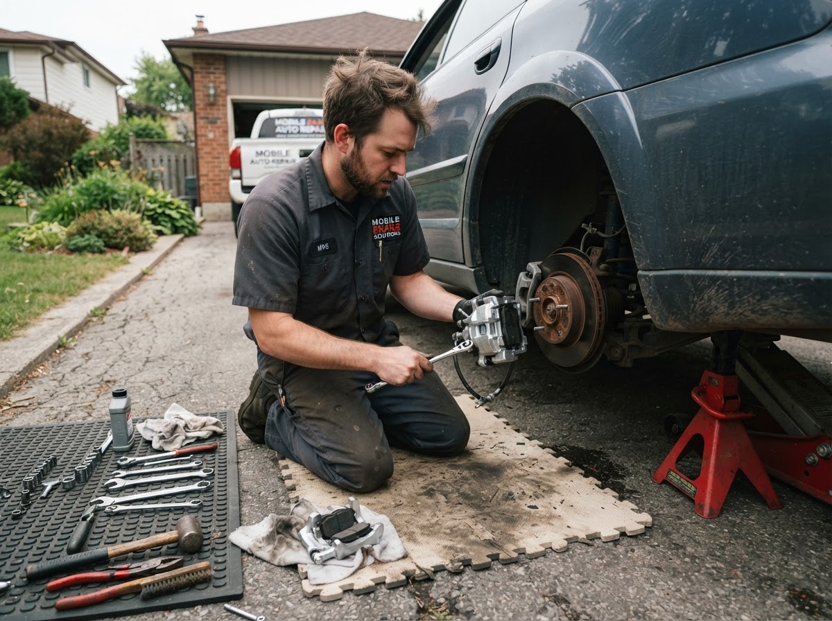 Mobile mechanic holding a new brake caliper beside an exposed wheel hub of a car raised on jack stands in a West Warwick driveway