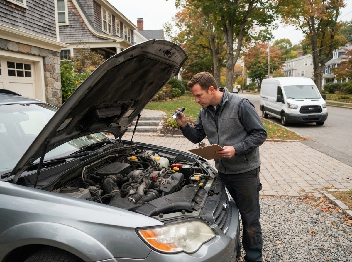 Mobile mechanic inspecting a used car at a private seller's driveway with a flashlight and clipboard, hood fully open, service van on the street