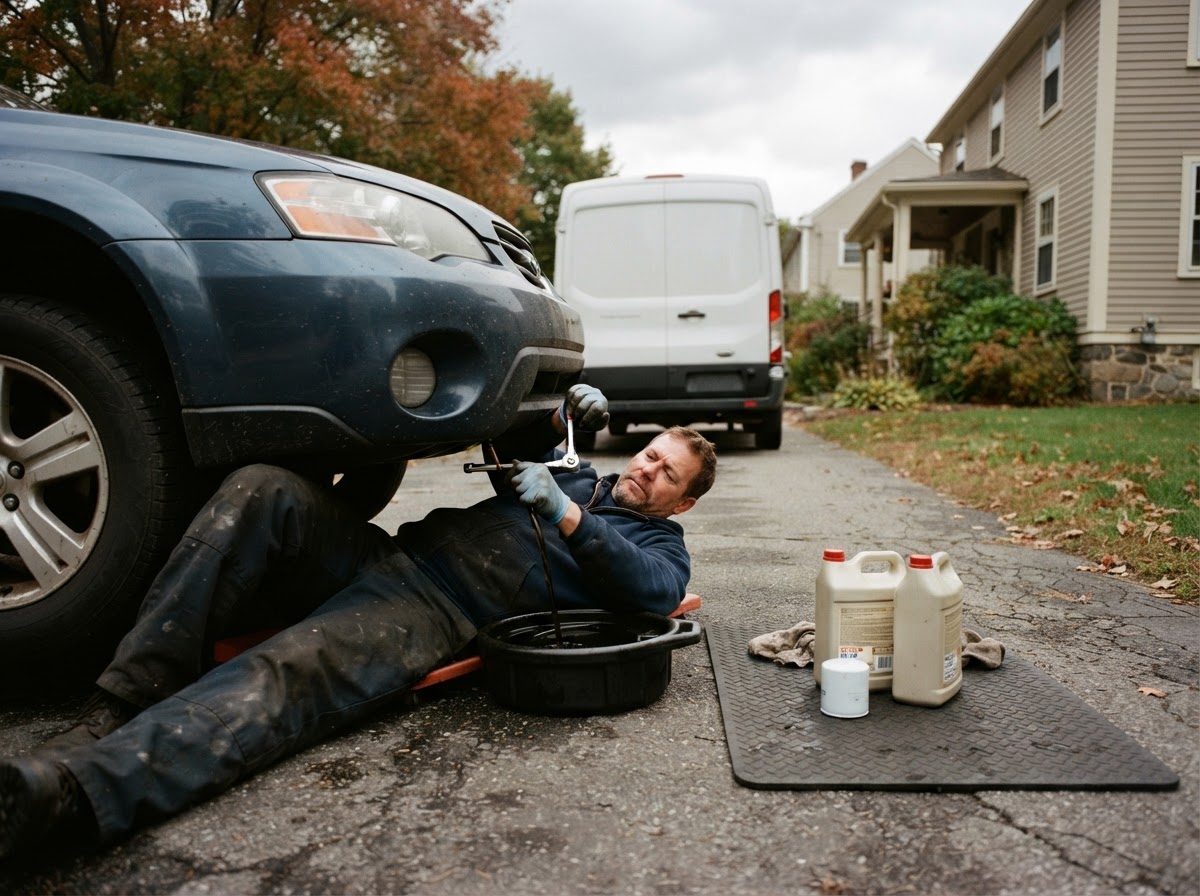 Mobile mechanic draining engine oil into a catch pan under a car in a residential driveway, fresh oil jugs and a new filter on a mat