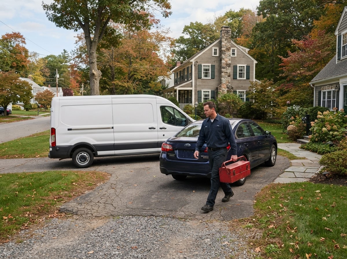 Service van arriving at a car in a residential driveway with a mechanic carrying a toolbox