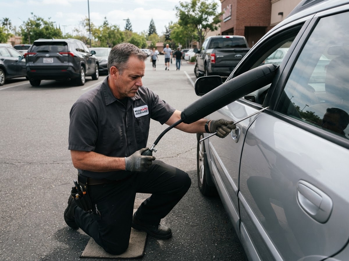 Mobile mechanic using a professional lockout tool at a car door in a parking lot, carefully working the door seal without damage