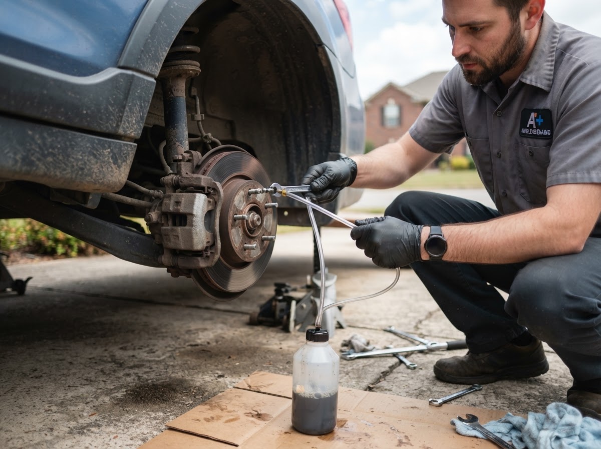 Mobile mechanic bleeding brake fluid at a caliper with a clear tube running into a catch bottle, car parked in a West Warwick driveway