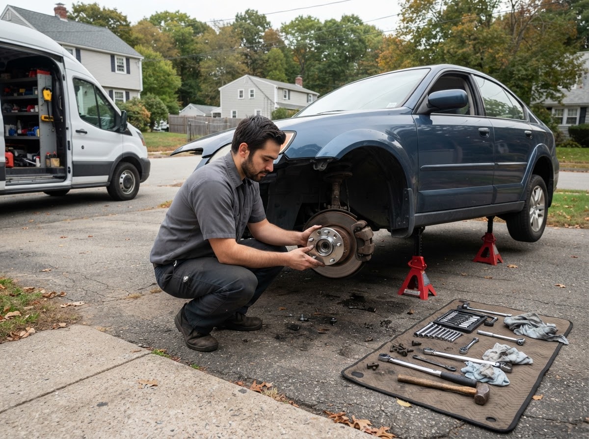 Mobile mechanic fitting a new hub bearing assembly at a front wheel of a car raised on jack stands in a driveway, wheel removed, brake rotor visible