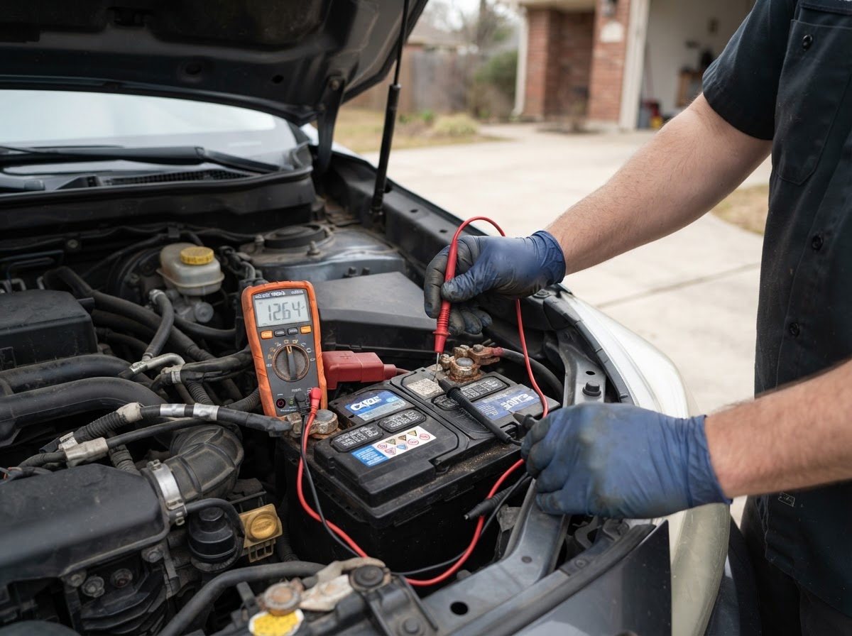 Mechanic testing a car battery terminal with a digital multimeter under the hood in a West Warwick driveway