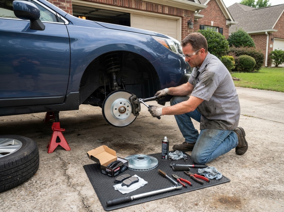 Mobile mechanic replacing a brake rotor on a car raised on jack stands in a West Warwick driveway, wheel off, tools and new pads laid out on a mat