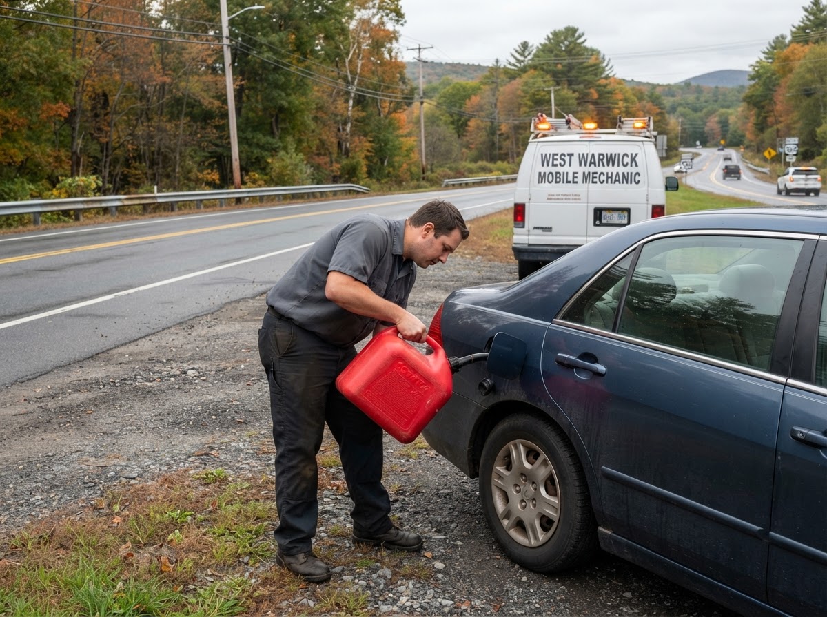 Mobile mechanic pouring fuel from a portable gas can into a car stopped on a road shoulder, service vehicle behind with hazard lights on
