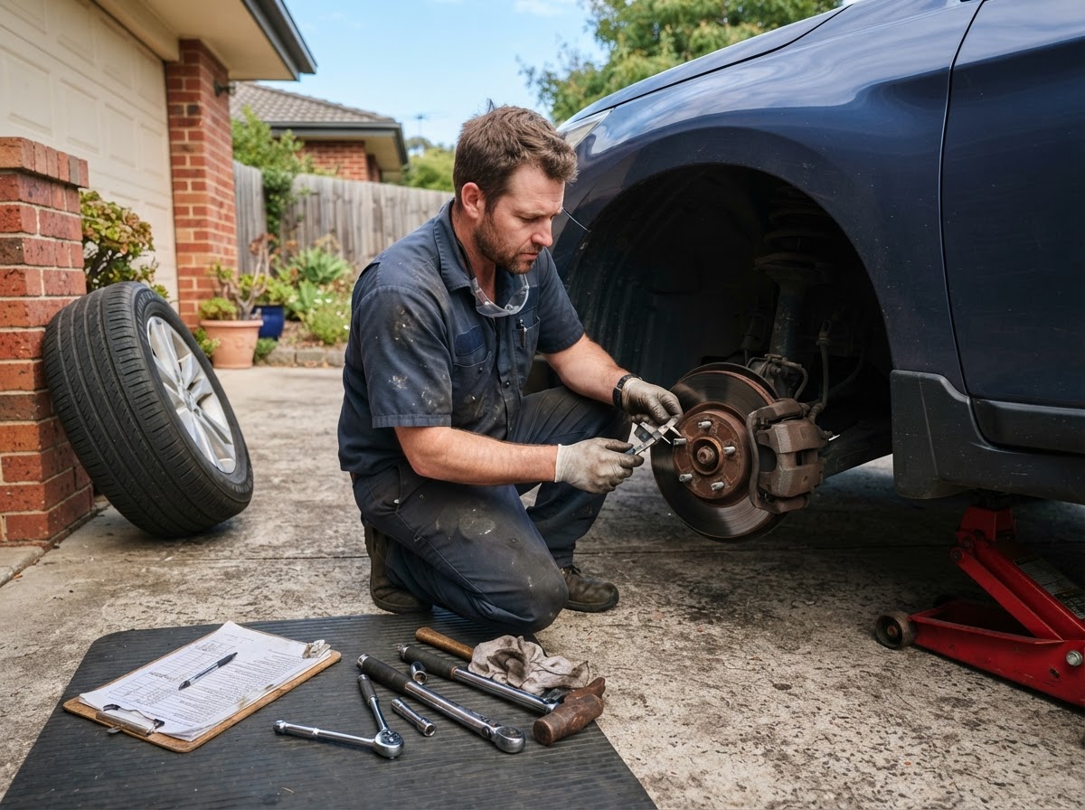 Mobile mechanic examining a vehicle's brake and tire condition in a residential driveway, front wheel removed with brake rotor and pads visible, clipboard and inspection sheet nearby