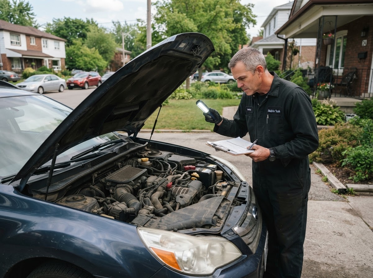 Mobile mechanic inspecting a used car at a private seller's driveway with a flashlight and a clipboard, hood open, residential street