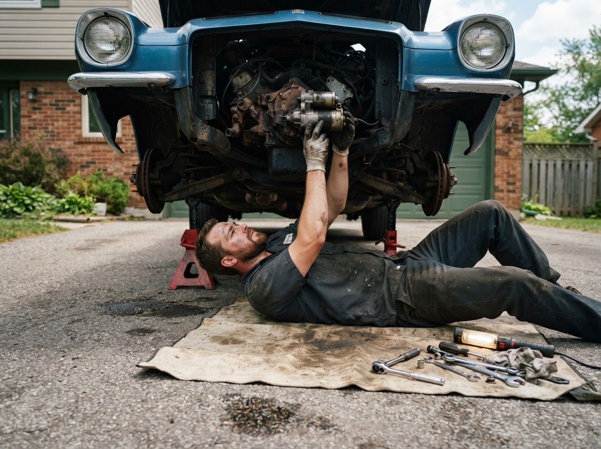 Mobile mechanic working under the front of a car on jack stands in a driveway, reaching toward the starter motor