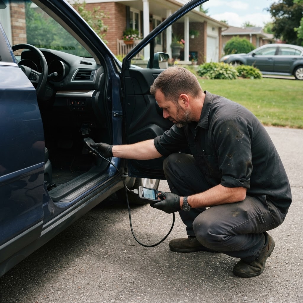 Mobile mechanic reading diagnostic codes with a handheld scan tool plugged in under the dashboard of a car parked in a West Warwick driveway