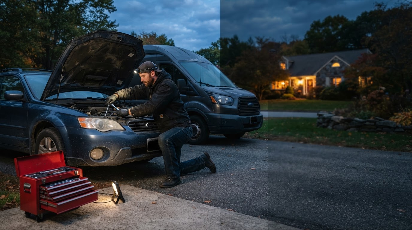 Mobile mechanic working at the open hood of a car in a West Warwick driveway at dusk