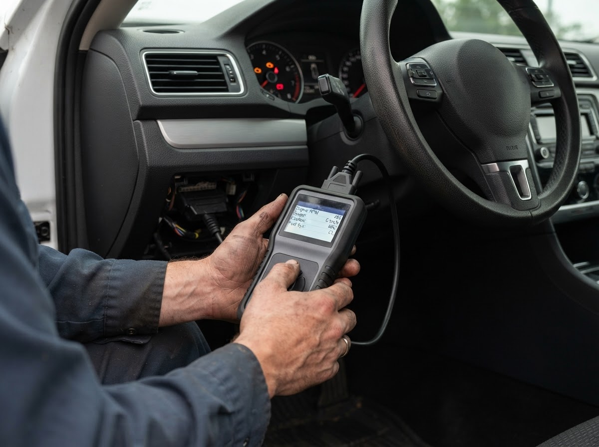 Close-up of a mechanic's hands holding a professional OBD2 code reader plugged into a car's diagnostic port