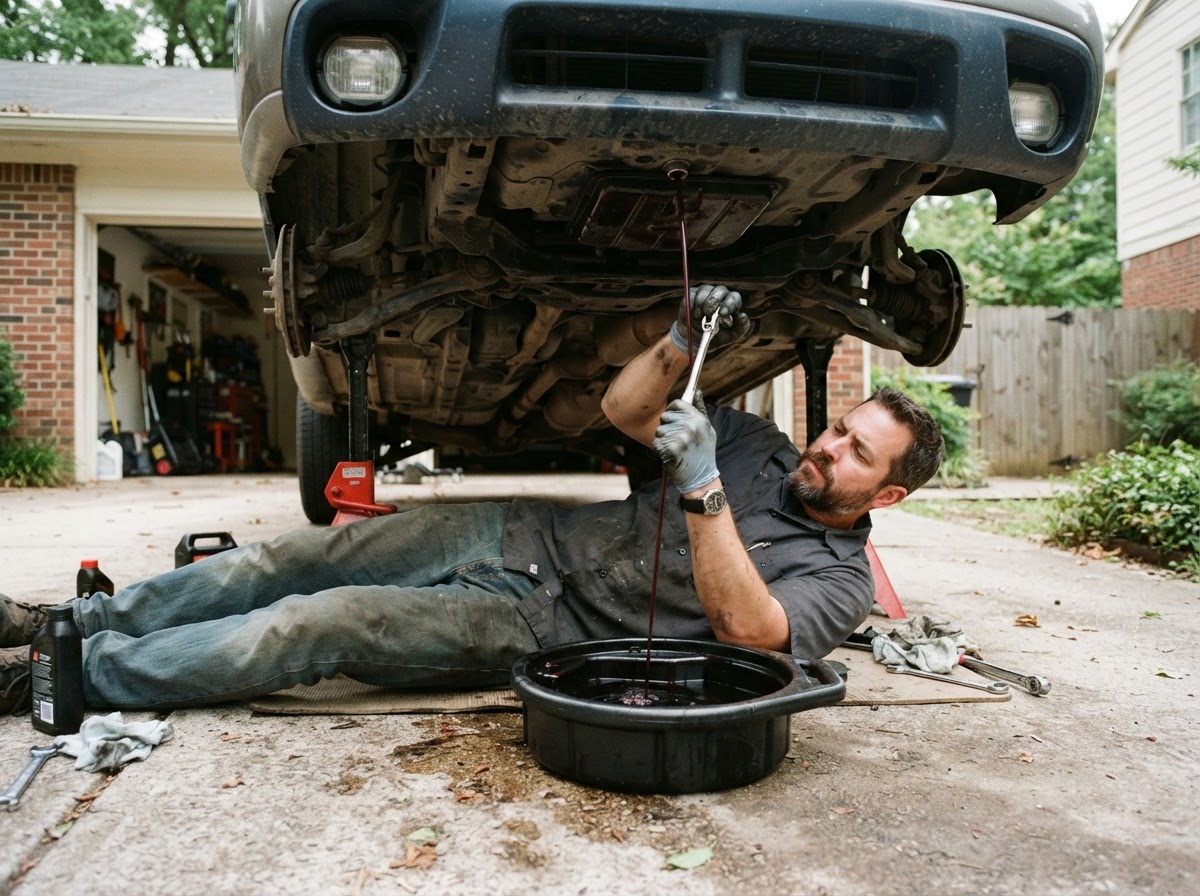 Mobile mechanic draining transmission fluid into a catch pan under a vehicle raised on jack stands in a residential driveway