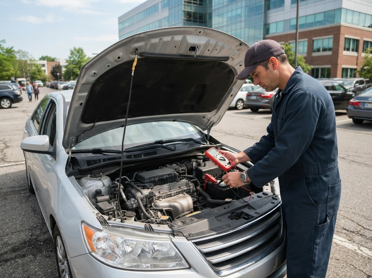 Mechanic testing a car battery with a digital multimeter under the hood in an office parking lot