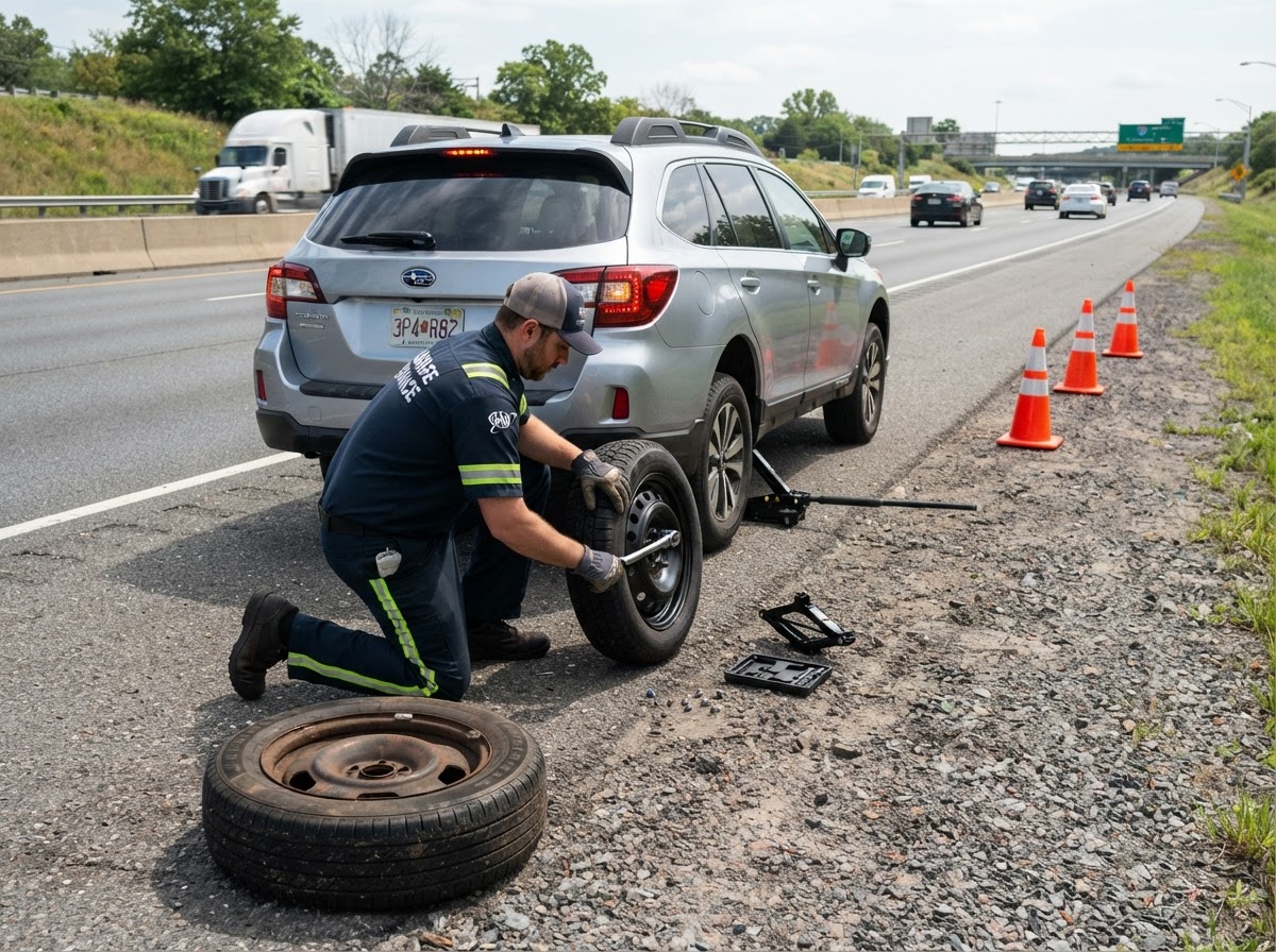 Mobile mechanic mounting a spare tire onto a car stopped on a road shoulder, orange safety cones placed behind the vehicle