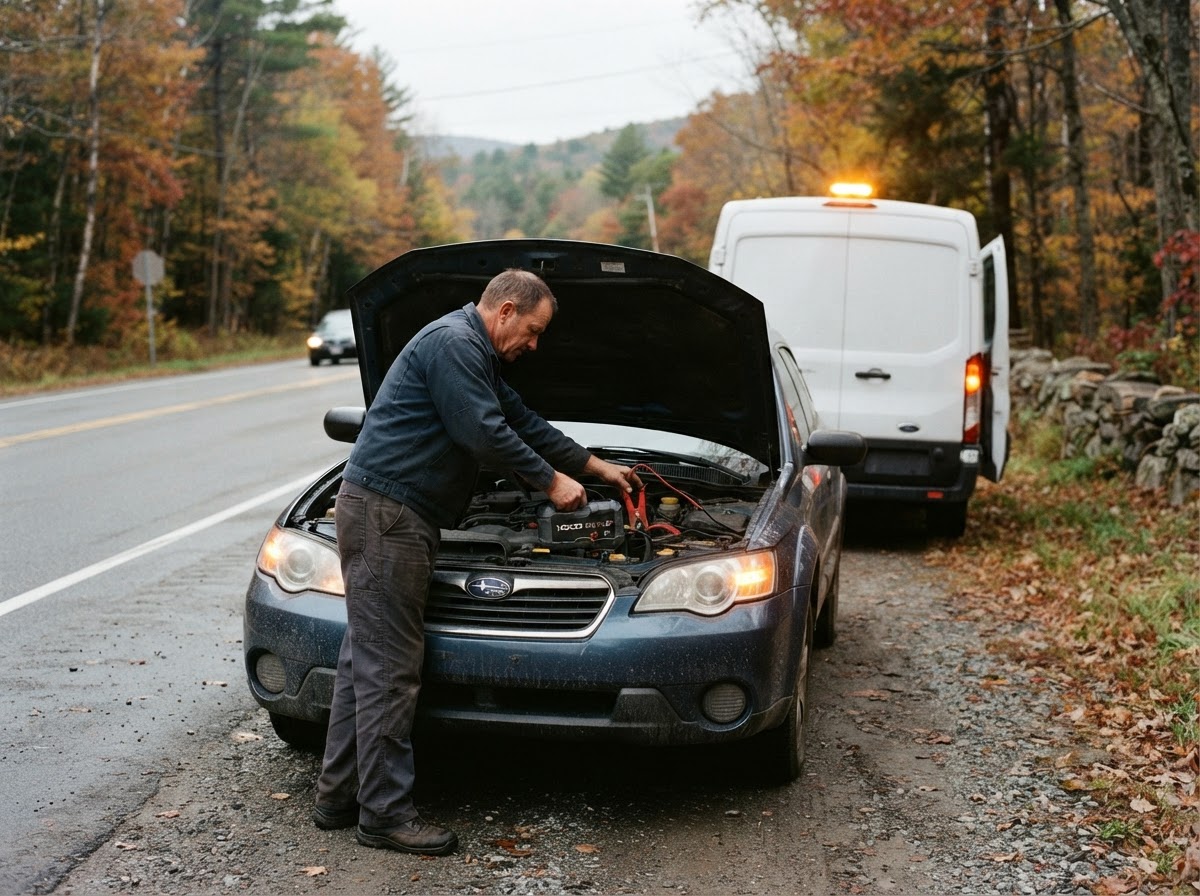 Mobile mechanic connecting a portable jump pack to a car stopped on a road shoulder with hazard lights on, service van behind