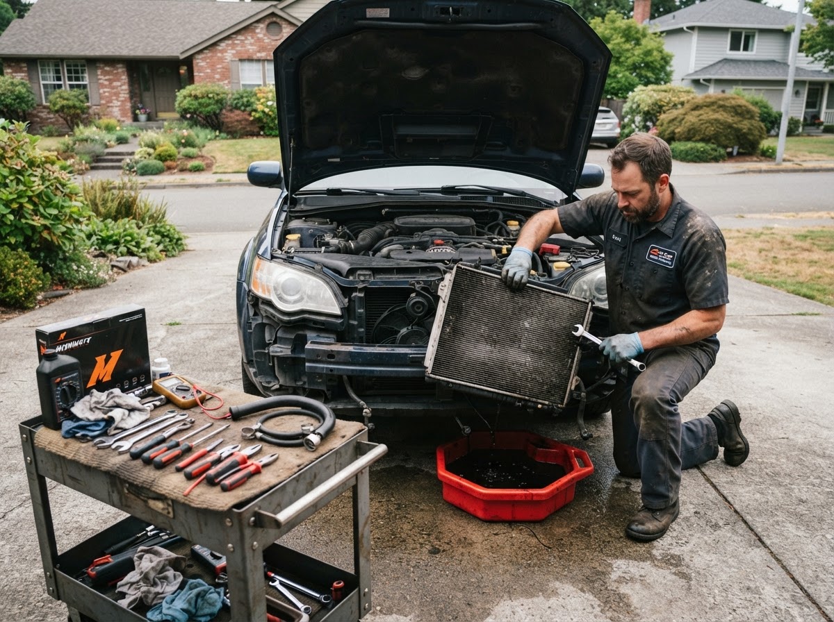 Mobile mechanic removing a radiator from the front of a vehicle in a driveway, a coolant catch pan positioned underneath
