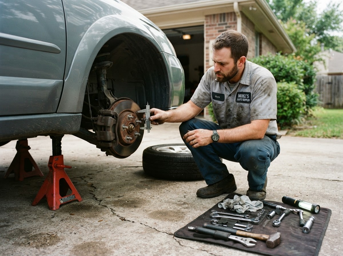 Mobile mechanic measuring brake pad thickness with a gauge on a car raised on jack stands in a West Warwick driveway, wheel removed
