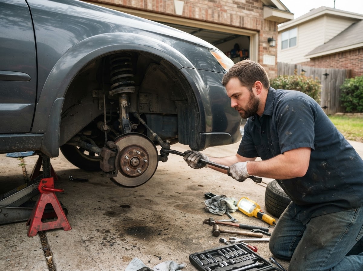 Mobile mechanic checking a tie rod end for play with a pry bar, front wheel removed, car raised on jack stands in a residential driveway