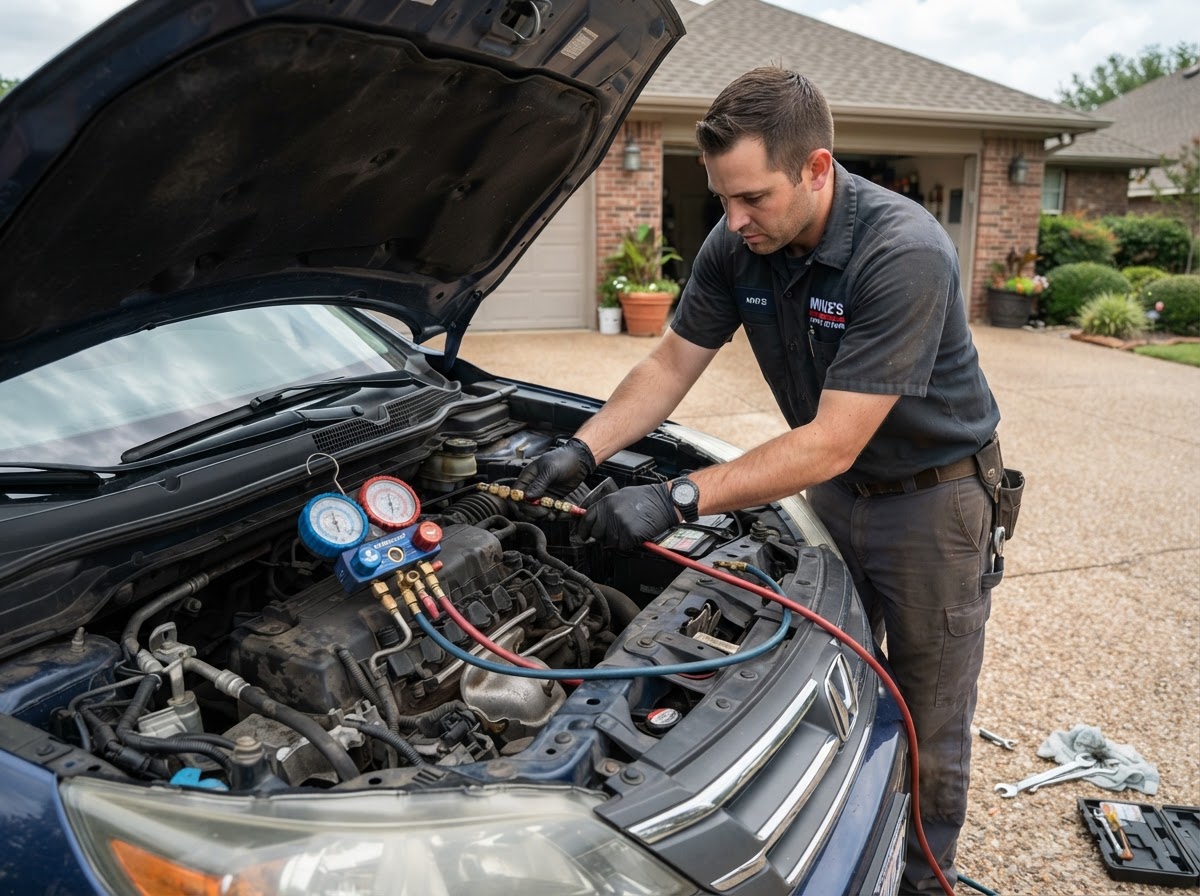 Mobile mechanic connecting A/C manifold gauge hoses to the air conditioning service ports in an engine bay, hood up, car in a driveway