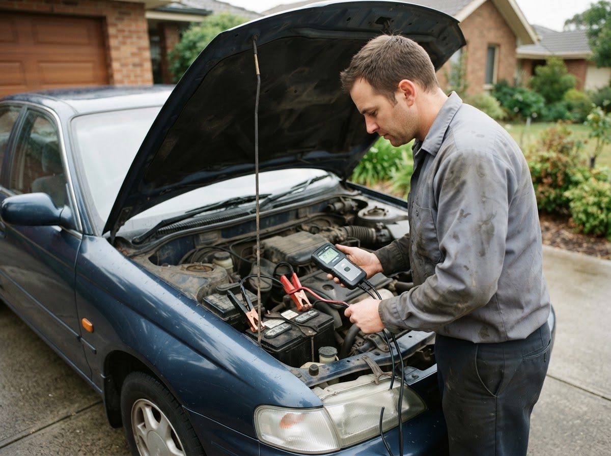 Mechanic load-testing a car battery with a handheld battery tester under the raised hood in a driveway