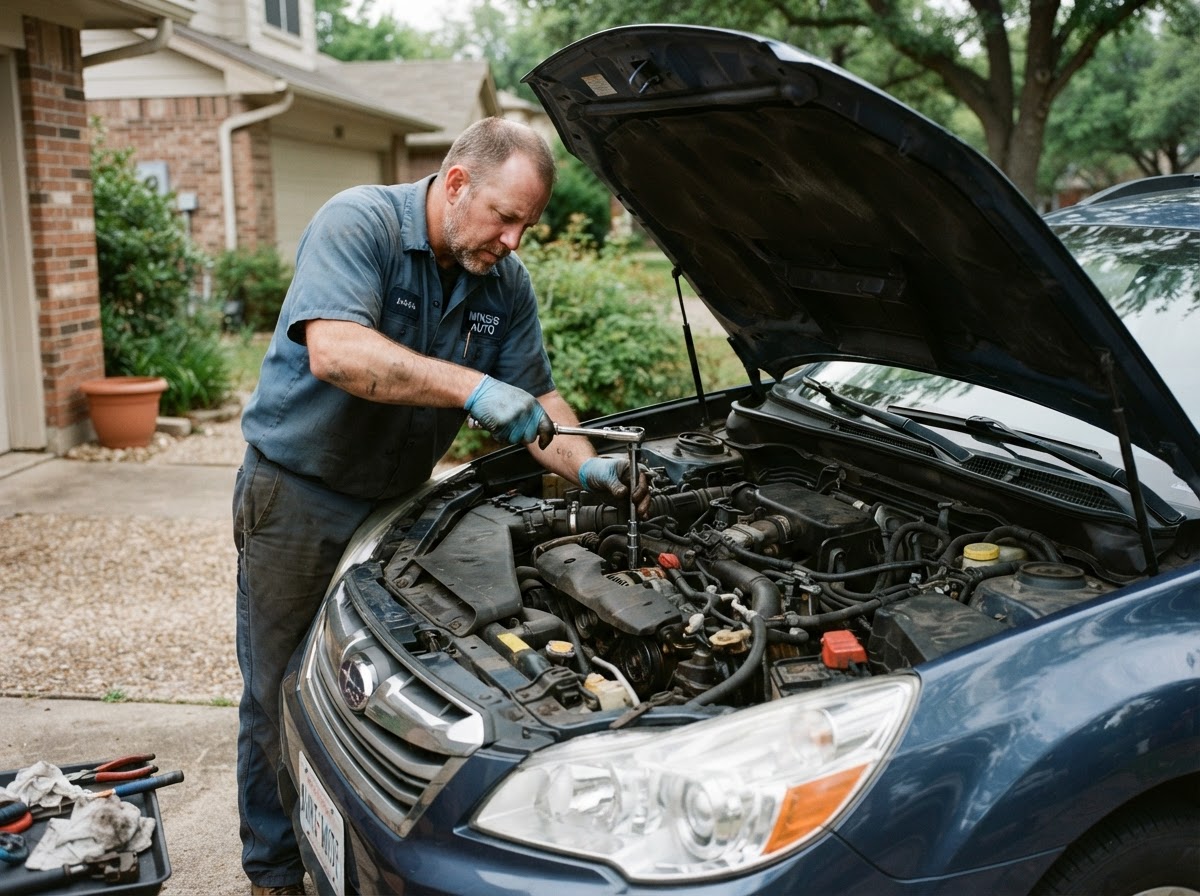 Mobile mechanic removing an ignition coil and spark plug from the engine bay of a car parked in a residential driveway