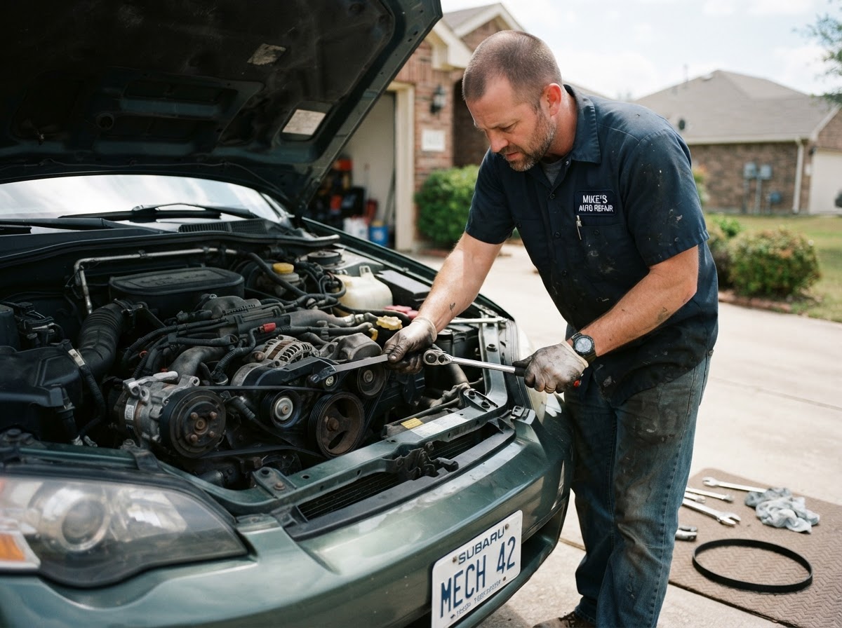 Mobile mechanic routing a new serpentine belt around the pulleys of an engine, hood up, car parked in a residential driveway