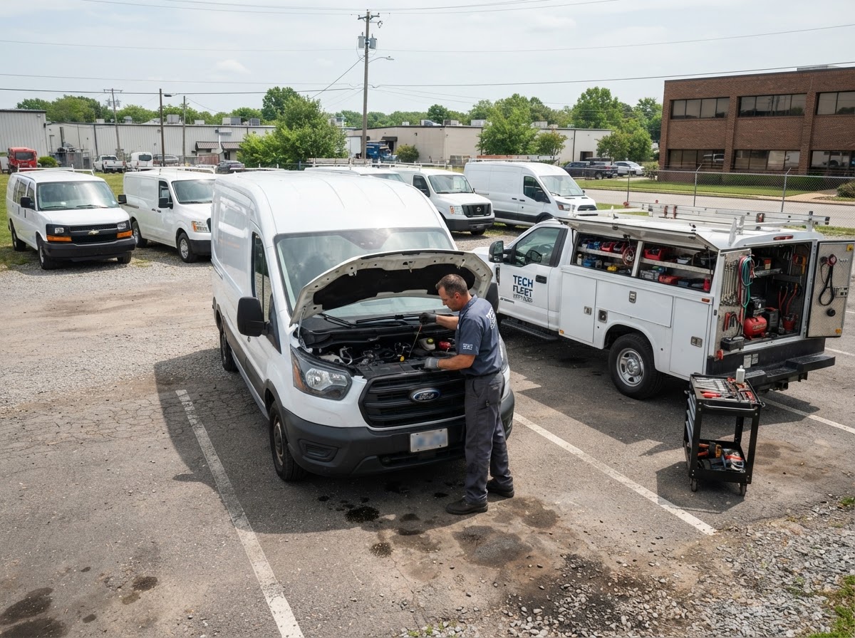 Mobile mechanic servicing one of several work vans parked in a small business lot, hood up on the van, a service truck parked alongside