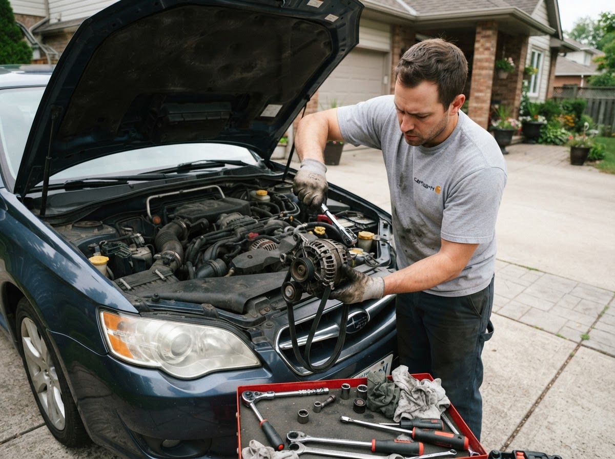 Mobile mechanic removing an alternator from a sedan's engine bay in a West Warwick driveway, serpentine belt visible