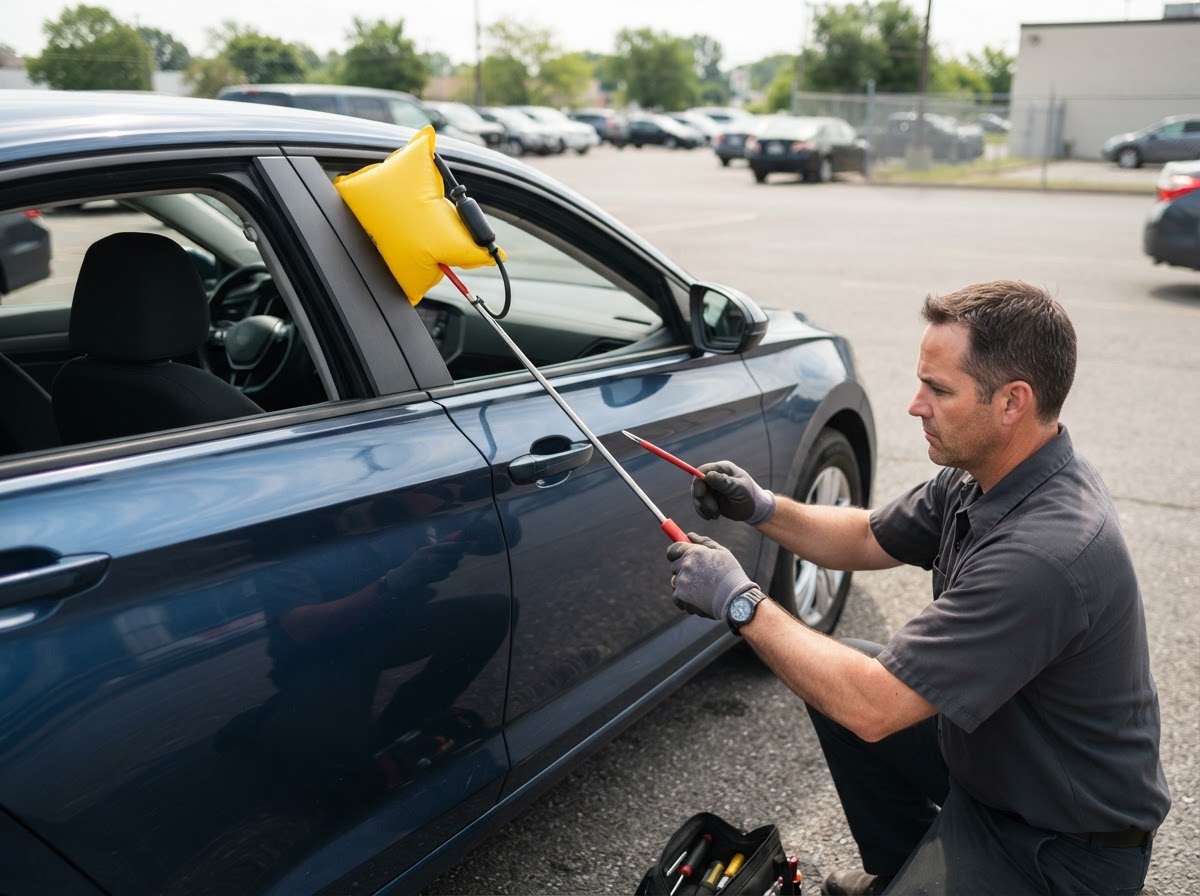 Mechanic using a professional lockout tool at a car door in a parking lot