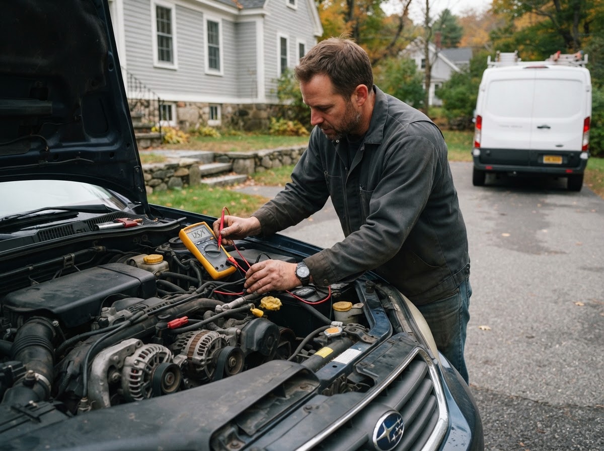 Mobile mechanic testing a car battery terminal with a digital multimeter under the hood in a residential driveway, service van nearby