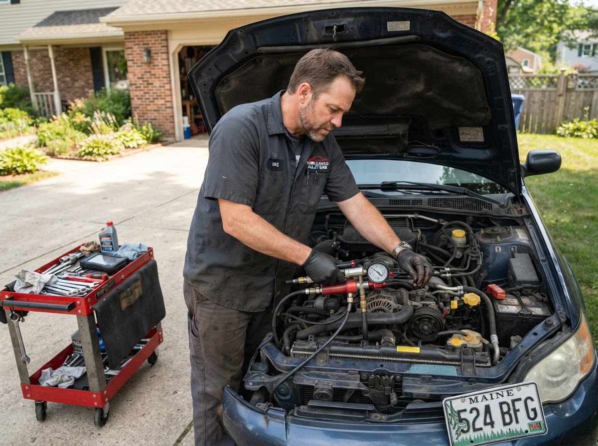 Mobile mechanic with the hood up on a car in a driveway, attaching a cooling system pressure tester to the radiator filler neck