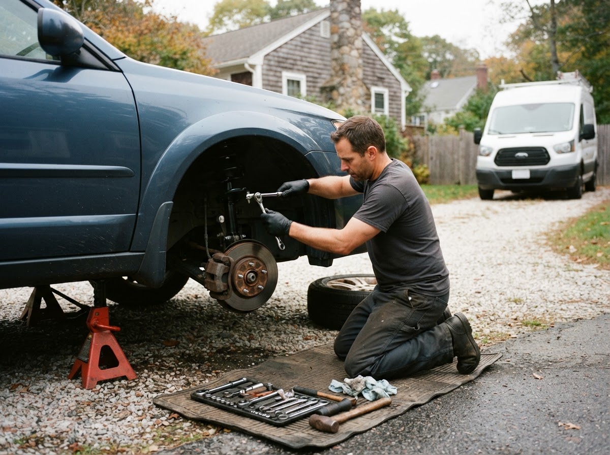Mobile mechanic installing a new strut assembly into a front wheel well of a car on jack stands in a residential driveway, wheel removed